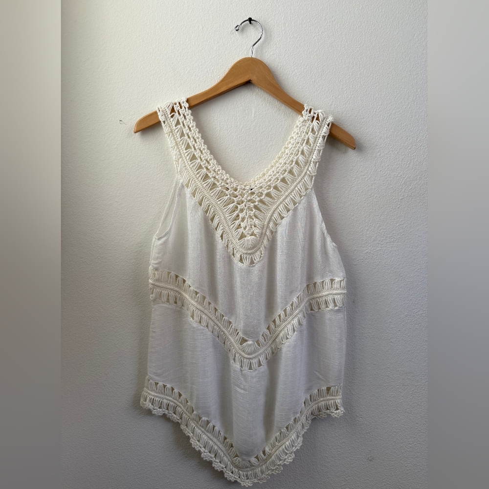Boho Crochet‎ Tank Top Womens Sheer Ivory White Medium